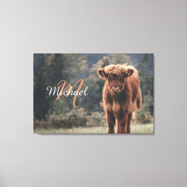 Highland cow calf autumn grass monogram initial canvas print (Front)