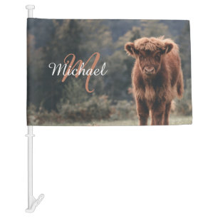 Highland cow calf autumn grass monogram initial car flag