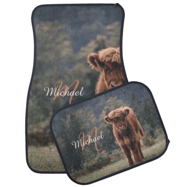 Highland cow calf autumn grass monogram initial car floor mat (Set)