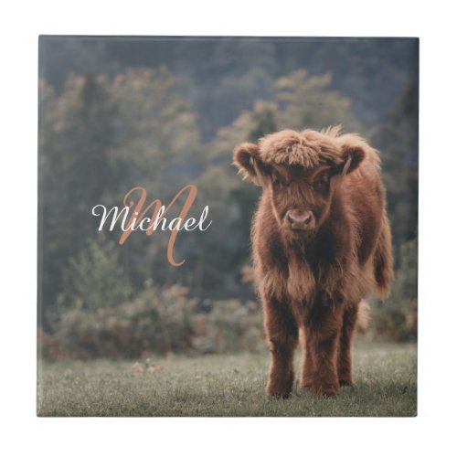 Highland cow calf autumn grass monogram initial ceramic tile