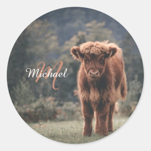 Highland cow calf autumn grass monogram initial classic round sticker