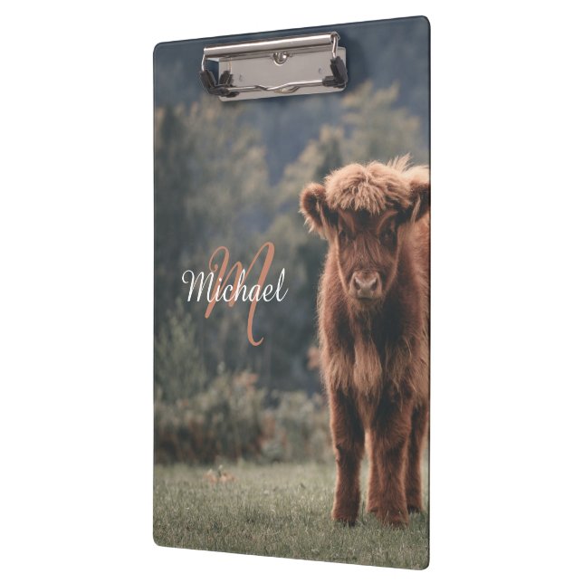 Highland cow calf autumn grass monogram initial clipboard (Left)