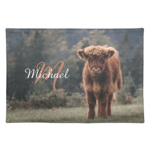 Highland cow calf autumn grass monogram initial cloth placemat