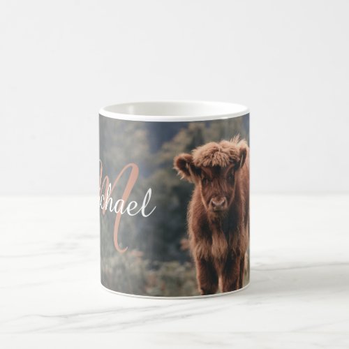 Highland cow calf autumn grass monogram initial coffee mug