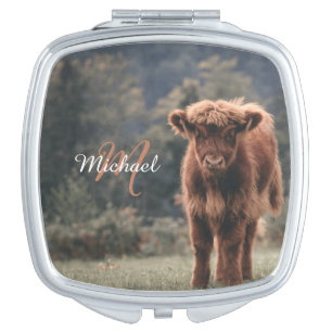 Highland cow calf autumn grass monogram initial compact mirror