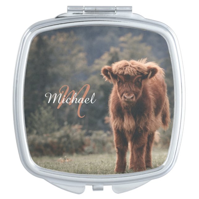 Highland cow calf autumn grass monogram initial compact mirror (Front)