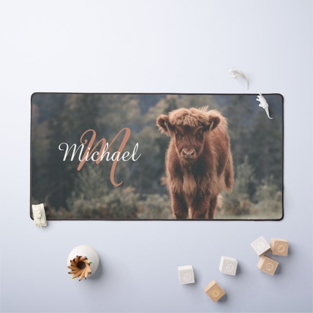 Highland cow calf autumn grass monogram initial desk mat (Kids Table)