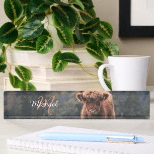 Highland cow calf autumn grass monogram initial desk name plate