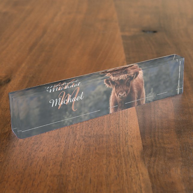 Highland cow calf autumn grass monogram initial desk name plate (Side)