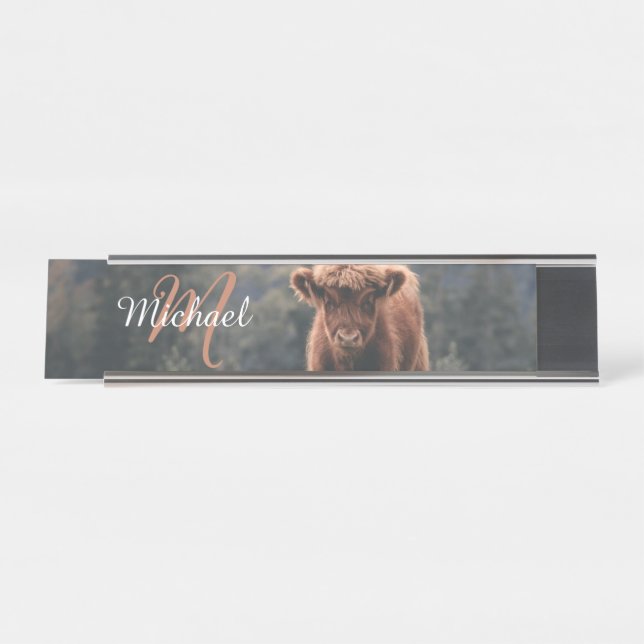 Highland cow calf autumn grass monogram initial desk name plate (Front)