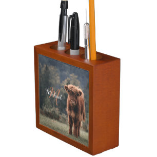 Highland cow calf autumn grass monogram initial desk organizer