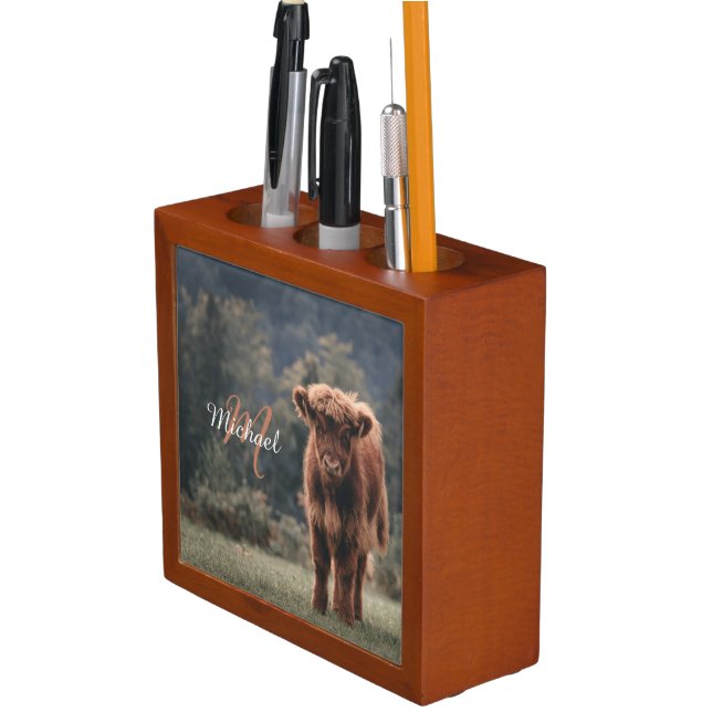 Highland cow calf autumn grass monogram initial desk organizer (In Situ)
