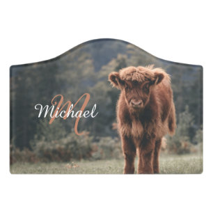 Highland cow calf autumn grass monogram initial door sign