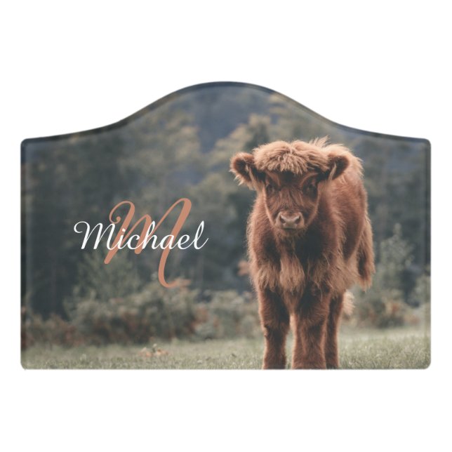 Highland cow calf autumn grass monogram initial door sign (Small Crest Front)