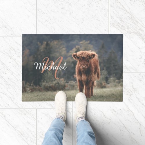 Highland cow calf autumn grass monogram initial doormat