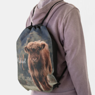 Highland cow calf autumn grass monogram initial drawstring bag