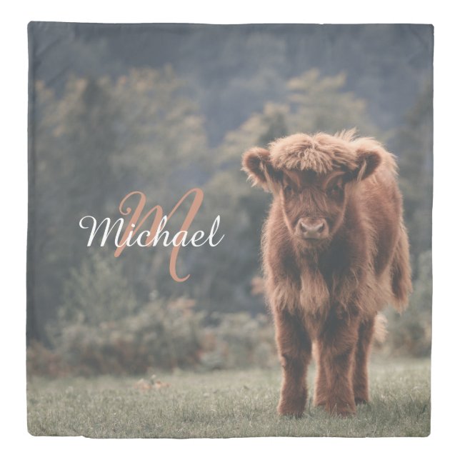 Highland cow calf autumn grass monogram initial duvet cover (Front)