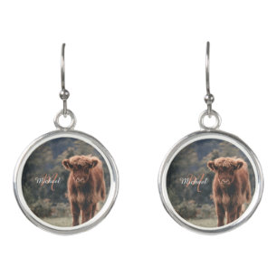 Highland cow calf autumn grass monogram initial earrings
