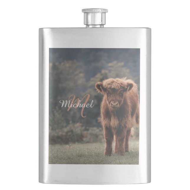 Highland cow calf autumn grass monogram initial flask (Front)