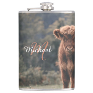 Highland cow calf autumn grass monogram initial flask