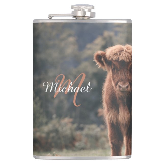 Highland cow calf autumn grass monogram initial flask (Front)