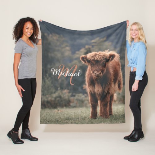 Highland cow calf autumn grass monogram initial fleece blanket