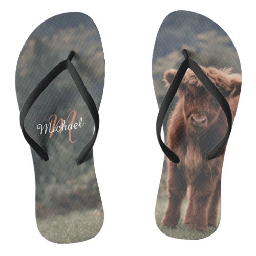 Highland cow calf autumn grass monogram initial flip flops