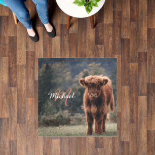 Highland cow calf autumn grass monogram initial floor decals