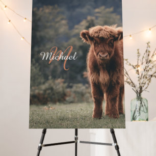 Highland cow calf autumn grass monogram initial foam board