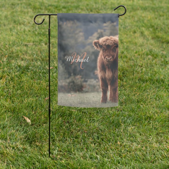 Highland cow calf autumn grass monogram initial garden flag (In SItu)
