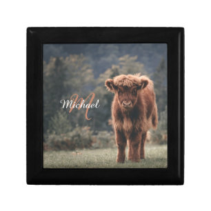 Highland cow calf autumn grass monogram initial gift box