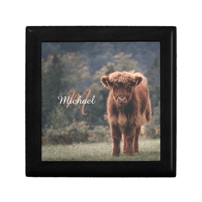 Highland cow calf autumn grass monogram initial gift box (Front)