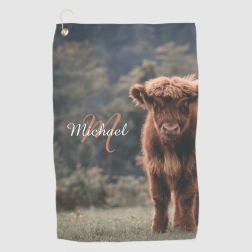 Highland cow calf autumn grass monogram initial golf towel