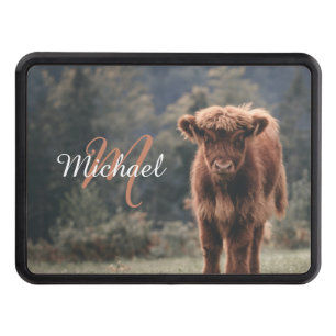 Highland cow calf autumn grass monogram initial hitch cover