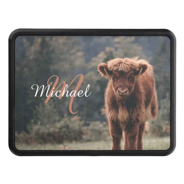 Highland cow calf autumn grass monogram initial hitch cover (Front)