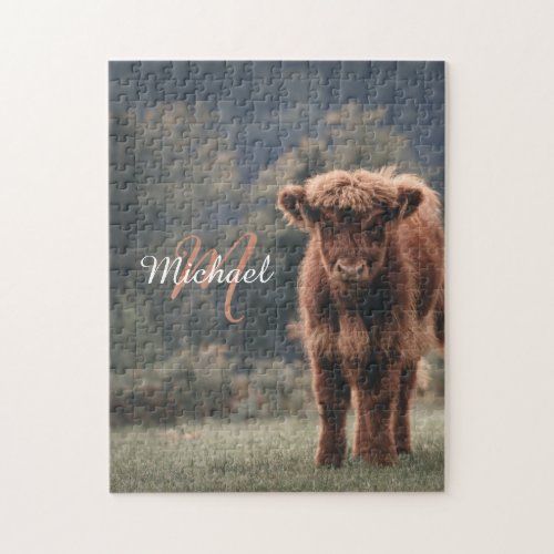 Highland cow calf autumn grass monogram initial jigsaw puzzle