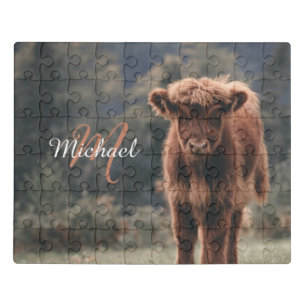 Highland cow calf autumn grass monogram initial jigsaw puzzle