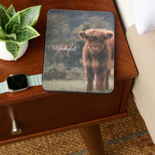 Highland cow calf autumn grass monogram initial kindle cover