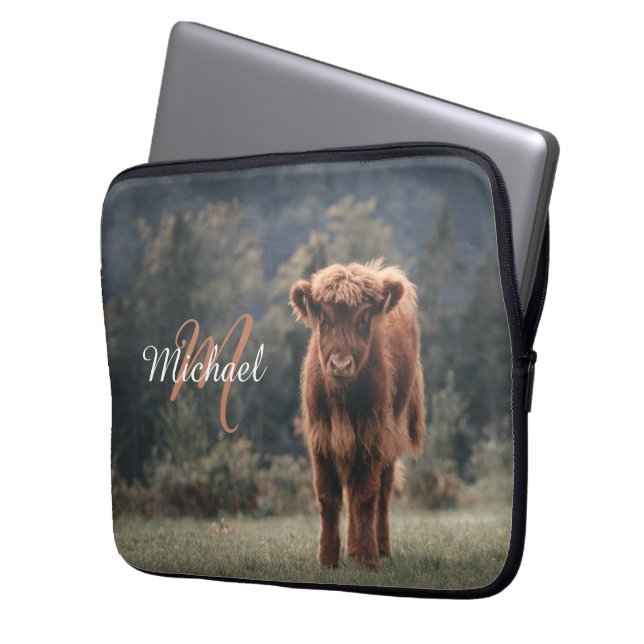 Highland cow calf autumn grass monogram initial laptop sleeve (Front Left)