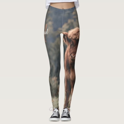 Highland cow calf autumn grass monogram initial leggings