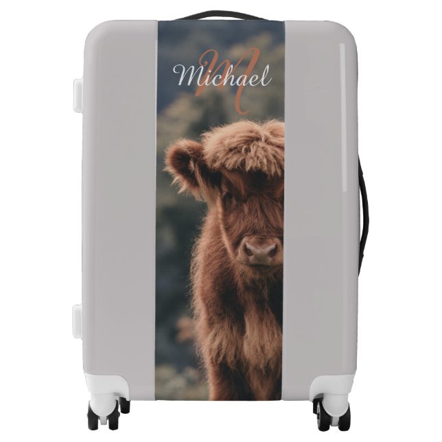 Highland cow calf autumn grass monogram initial luggage (Front)