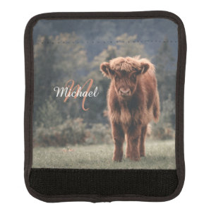 Highland cow calf autumn grass monogram initial luggage handle wrap