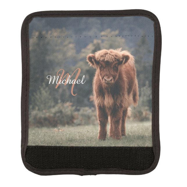 Highland cow calf autumn grass monogram initial luggage handle wrap (Front)