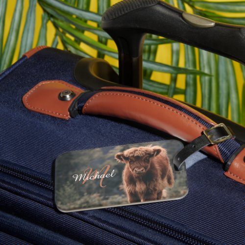 Highland cow calf autumn grass monogram initial luggage tag