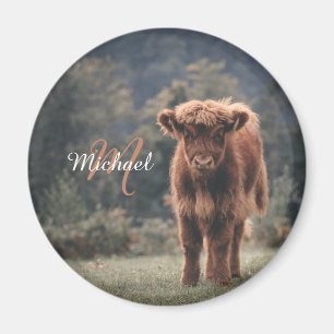 Highland cow calf autumn grass monogram initial magnet