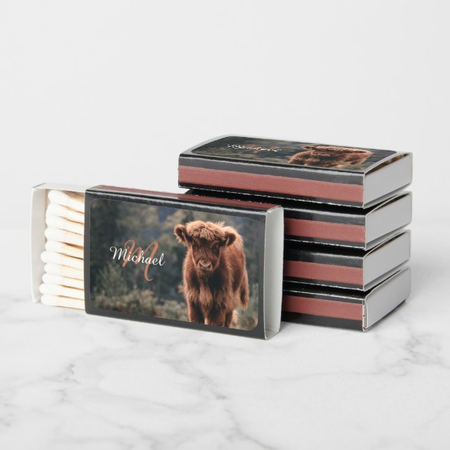 Highland cow calf autumn grass monogram initial matchboxes (Stacked)