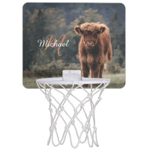 Highland cow calf autumn grass monogram initial mini basketball hoop