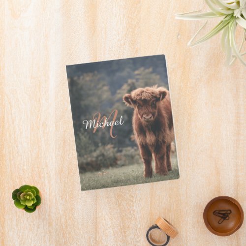 Highland cow calf autumn grass monogram initial mini binder