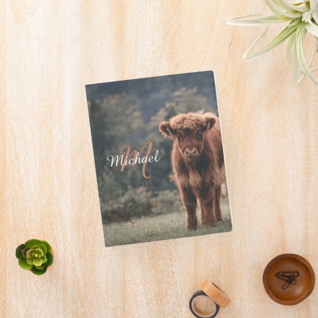 Highland cow calf autumn grass monogram initial mini binder (InSitu)