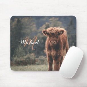 Highland cow calf autumn grass monogram initial mouse pad